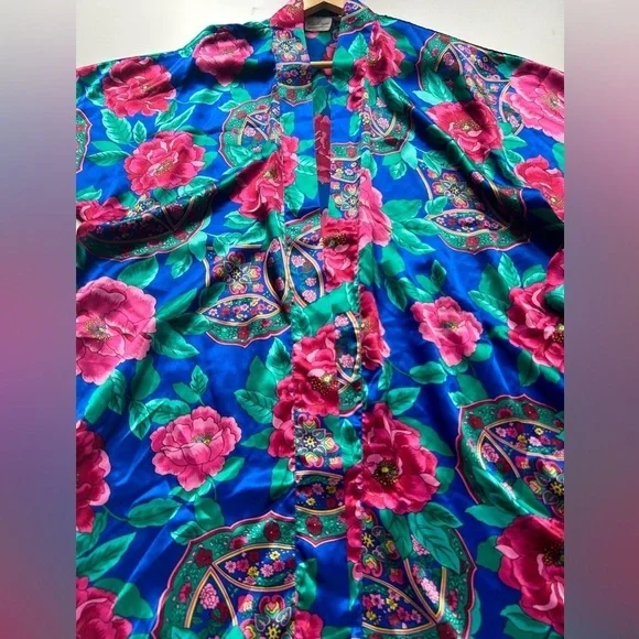 Kathryn Vibrant Vintage 80’Baroque Floral Jewel Tone Satin Lingerie Kimono Robe - Picture 3 of 7